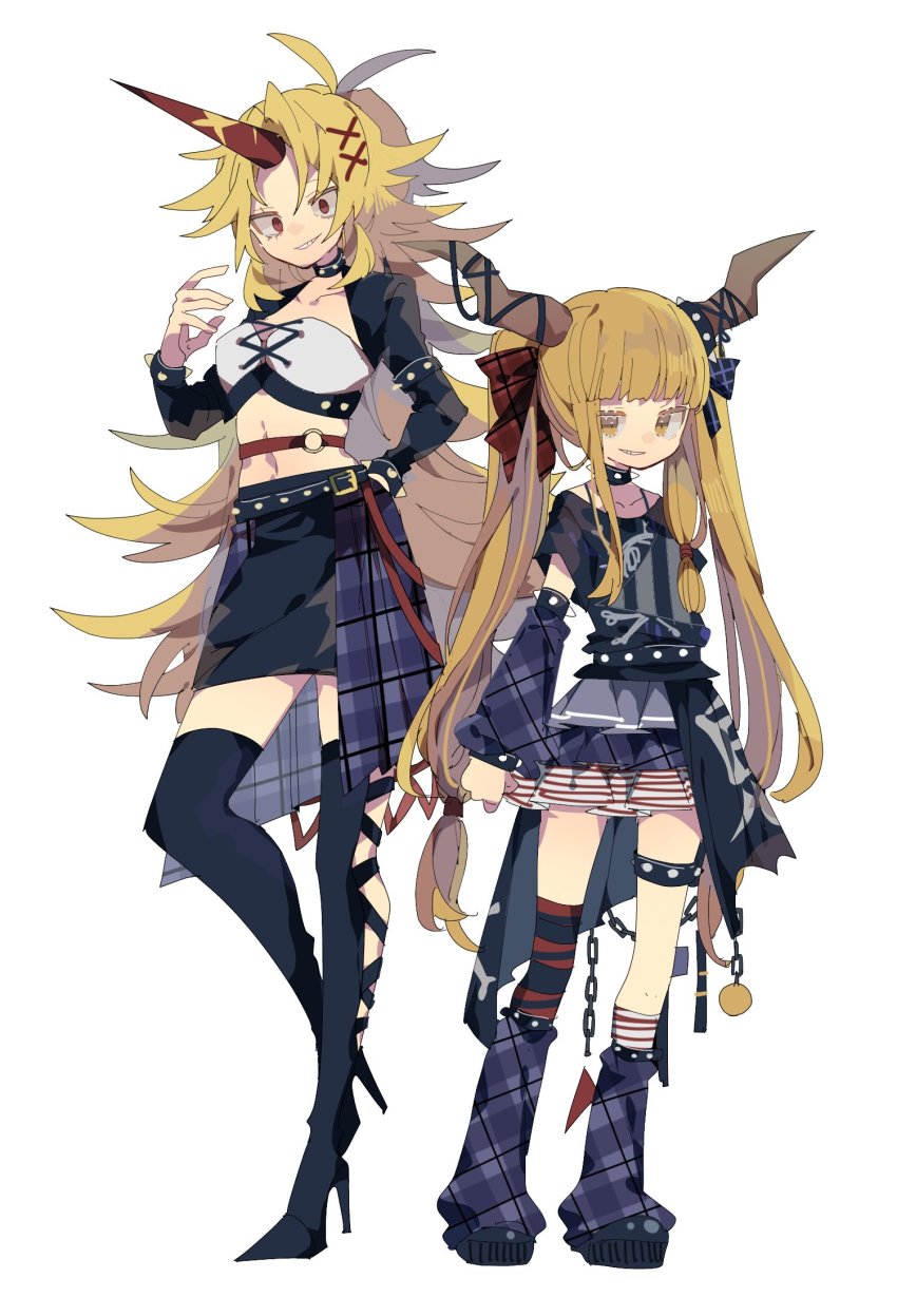 2girls ahoge alternate_costume arm_up arm_warmers ball bare_shoulders belt black_belt black_choker black_footwear black_jacket black_shirt black_skirt blonde_hair blue_bow blue_footwear blue_skirt boots bow bra breasts brown_hair chain choker closed_mouth collarbone cube full_body grey_shirt hair_between_eyes hair_bow hair_ornament hand_on_own_hip hand_up highres horns hoshiguma_yuugi ibuki_suika jacket leg_up light_brown_hair long_hair long_sleeves looking_at_viewer looking_to_the_side medium_breasts messy_hair multicolored_clothes multicolored_skirt multiple_girls navel nikorashi-ka off-shoulder_shirt off_shoulder open_clothes open_jacket plaid_bow plaid_clothes plaid_skirt purple_skirt red_belt red_bow red_eyes red_skirt shirt shoes short_sleeves simple_background single_horn skirt smile standing standing_on_one_leg striped_clothes striped_shirt striped_skirt t-shirt teeth touhou triangle underwear white_background white_bra white_skirt yellow_eyes