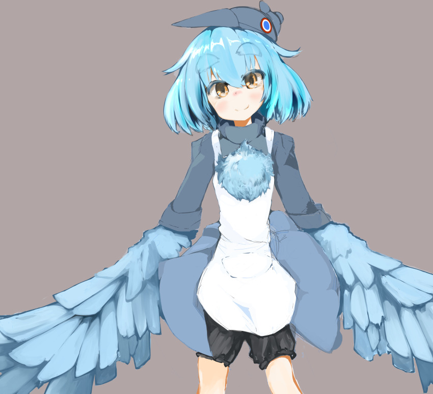 1girl albaclow blue_hair feathered_wings female_focus grey_background harpy highres monster_girl original short_hair shorts simple_background smile solo wings world_of_tanks