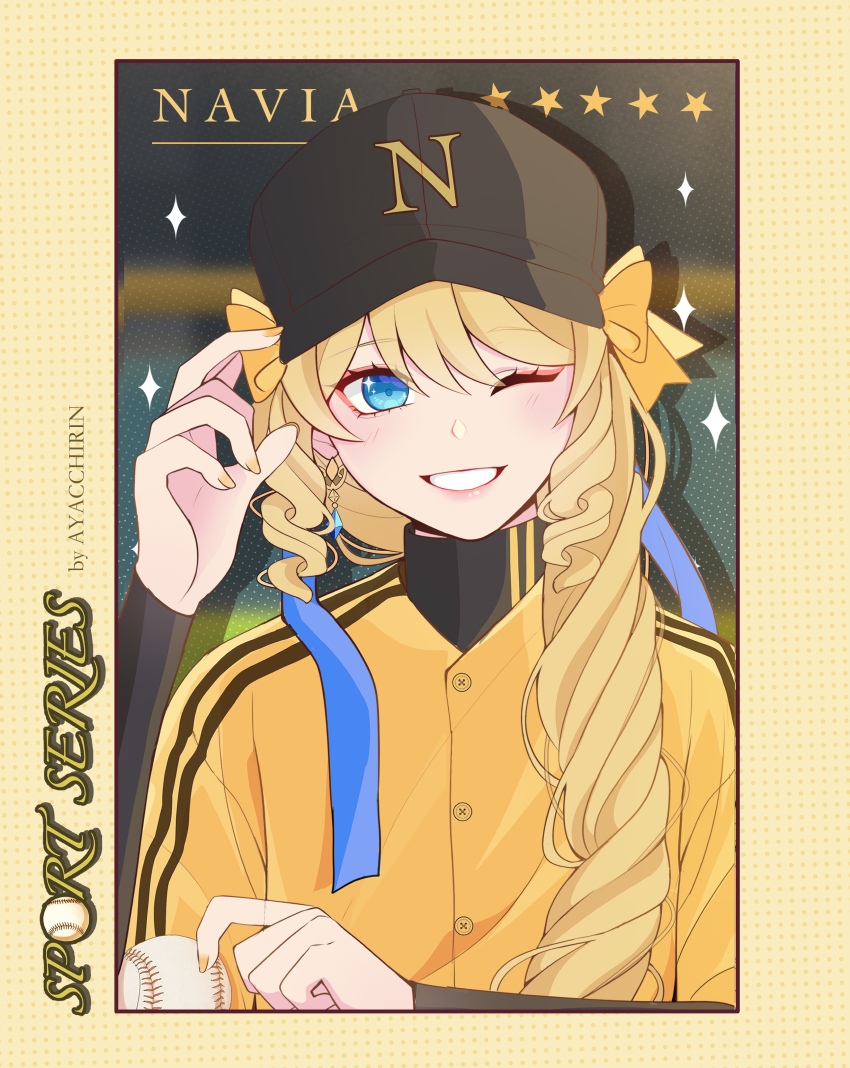 1girl absurdres alternate_costume artist_name ayacchirin ball baseball baseball_cap black_hat blonde_hair blue_eyes bow character_name drill_hair earrings genshin_impact hair_bow hair_ornament hair_ribbon hat highres holding holding_ball jewelry long_hair long_sleeves looking_at_viewer navia_(genshin_impact) one_eye_closed ribbon shirt simple_background smile solo teeth turtleneck yellow_bow yellow_ribbon yellow_shirt