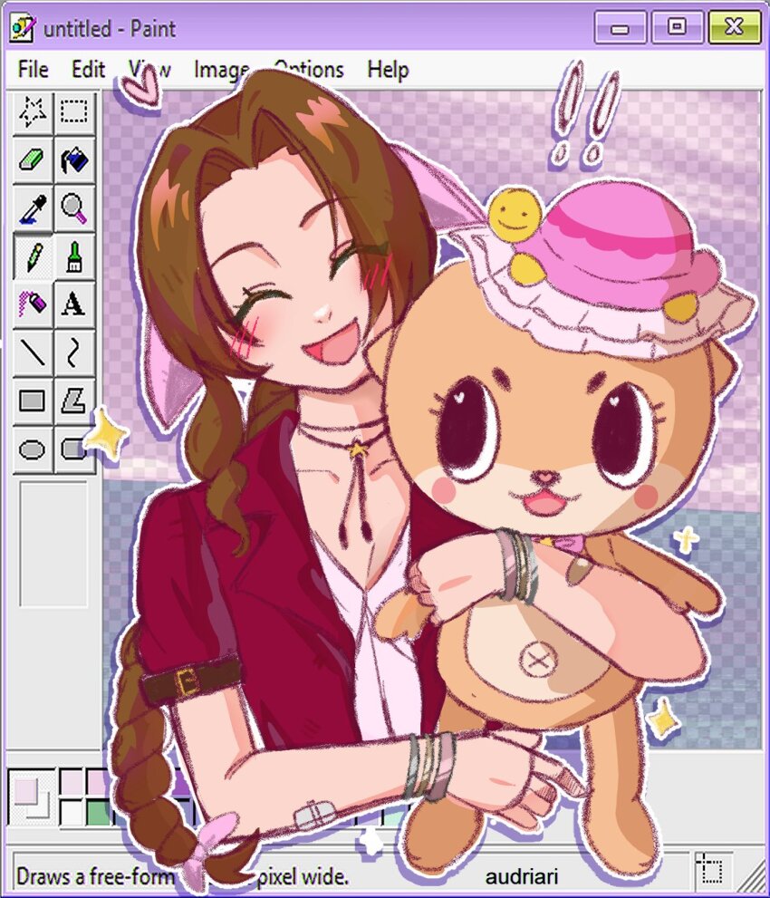 ! !! 1girl 1other aerith_gainsborough audriarisat09 bandaged_arm bandages bangle blush bracelet breasts brown_hair chiitan choker cleavage closed_eyes cropped_torso dress final_fantasy final_fantasy_vii final_fantasy_vii_rebirth final_fantasy_vii_remake flower_choker hair_ribbon hat heart highres jewelry long_hair microsoft_paint_(software) open_mouth parted_bangs pink_dress pink_hat pink_ribbon ribbon sidelocks smile stuffed_animal stuffed_toy upper_body