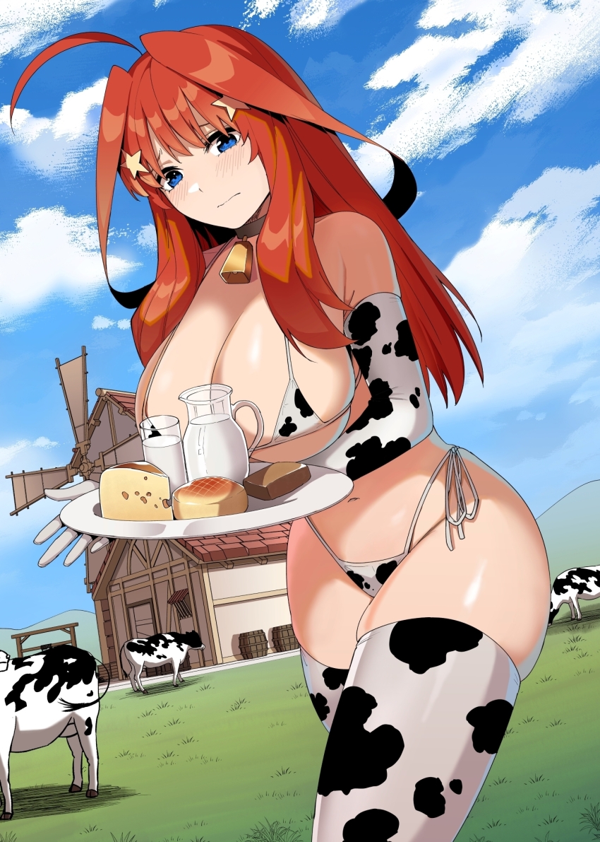 1girl ahoge animal_print bell bikini blue_eyes blue_sky bread breasts cheese cleavage commentary_request cow cow_print cow_print_bikini cow_print_gloves cow_print_thighhighs cowbell embarrassed farm food gloves go-toubun_no_hanayome hair_ornament highleg highleg_bikini highres holding holding_tray huge_breasts kosmos_beta long_hair milk nakano_itsuki navel outdoors paid_reward_available print_bikini print_gloves print_thighhighs red_hair side-tie_bikini_bottom sky solo star_(symbol) star_hair_ornament swimsuit thighhighs tray windmill