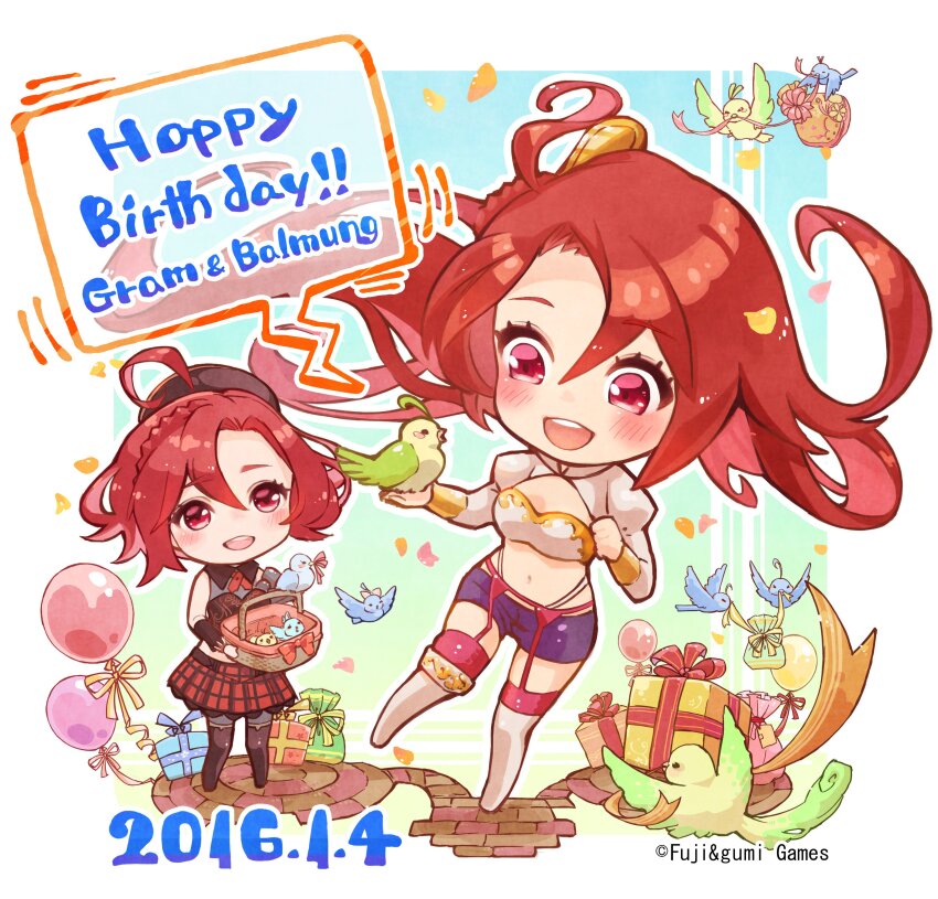 2girls absurdres ahoge balloon balmung_(phantom_of_the_kill) basket beret bird blue_bird blush box braid character_name chibi company_name copyright_notice dated floating_hair full_body g-row gift gift_box gram_(phantom_of_the_kill) green_bird hair_between_eyes happy_birthday hat highres long_hair long_sleeves multiple_girls navel official_art open_mouth petals phantom_of_the_kill plaid_clothes plaid_skirt red_eyes red_hair red_skirt second-party_source short_hair short_shorts shorts siblings sisters skirt smile teeth twins upper_teeth_only