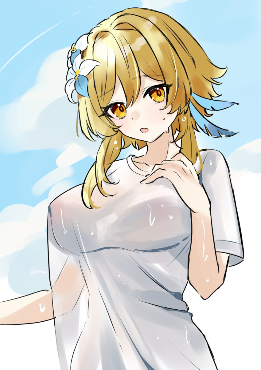 1girl blonde_hair blue_sky breasts cloud cloudy_sky collarbone commentary_request covered_erect_nipples double-parted_bangs eyelashes feather_hair_ornament feathers flower genshin_impact hair_between_eyes hair_flower hair_intakes hair_ornament hand_on_own_chest head_tilt highres hot ikurumidwd large_breasts looking_at_viewer lumine_(genshin_impact) medium_hair open_mouth see-through_clothes see-through_shirt shirt short_sleeves sidelocks sky solo sweat sweaty_clothes upper_body wet wet_clothes wet_hair wet_shirt white_shirt yellow_eyes