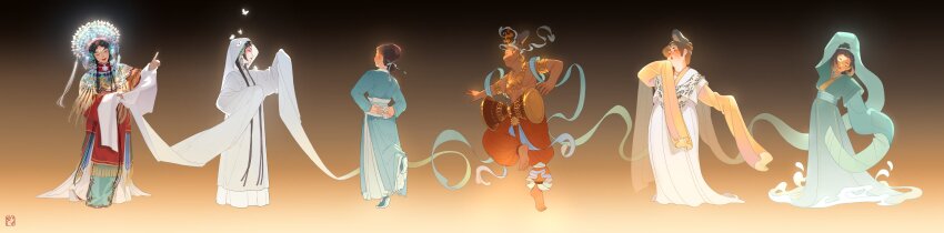 1boy 5girls absurdres aqua_dress aqua_hanfu arms_behind_back brown_hair buddhism chinese_clothes dancer dancing dress drum dunhuang_dance dunhuang_style farewell_my_concubine fat fat_woman full_body han_dynasty hanfu highres instrument instrument_request jiaoling_ruqun long_image ming_dynasty multiple_girls peking_opera pointy_footwear qing_dynasty sleeves_past_fingers sleeves_past_wrists song_dynasty standing standing_on_one_leg tall_hair tang_dynasty the_peony_pavilion wenwen_(ww4zd) white_dress white_hanfu wide_image yuan_dynasty