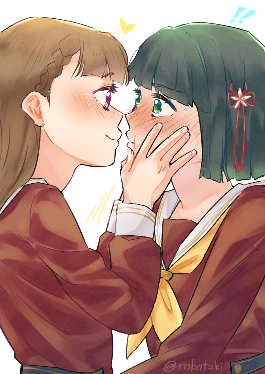 ! !! 2girls absurdres blunt_bangs blunt_ends blush braid brown_dress brown_hair center-flap_bangs cheek_press closed_mouth commentary dress eye_contact flower flower_knot green_eyes green_hair hair_flower hair_ornament hands_on_another&#039;s_cheeks hands_on_another&#039;s_face hasu_no_sora_school_uniform heart highres kachimachi_kosuzu link!_like!_love_live! long_hair long_sleeves looking_at_another love_live! momose_ginko multiple_girls neckerchief nose_blush pink_eyes rakatzki sailor_collar sailor_dress school_uniform short_hair side_braids sideways_mouth simple_background smile straight_hair twitter_username upper_body virtual_youtuber white_background white_sailor_collar winter_uniform yellow_neckerchief yuri