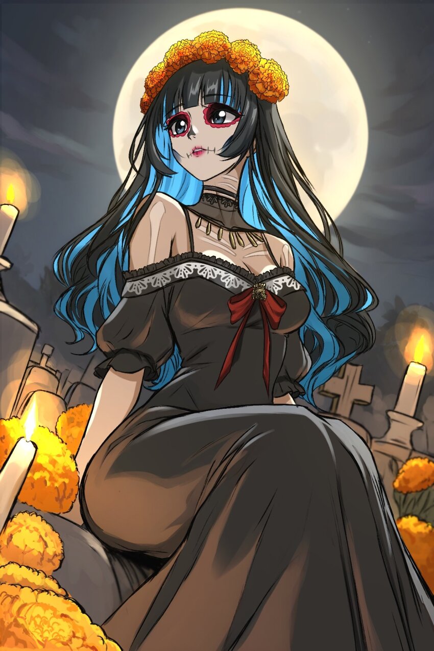 1girl aztec bare_shoulders black_dress black_hair blue_hair blush breasts calavera choker cleavage collarbone colored_inner_hair dia_de_muertos dress eyeliner facepaint fate/grand_order fate_(series) flower full_moon grey_eyes hair_flower hair_ornament highres jewelry long_hair looking_at_viewer makeup medium_breasts mexico moon multicolored_hair neck_ring night night_sky off-shoulder_dress off_shoulder outdoors ribbon sidelocks sitting skull sky smile solo tenochtitlan_(fate) thighs zantyarz