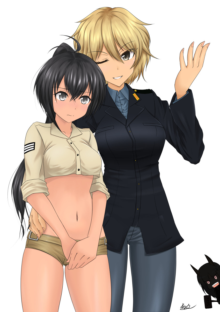 3girls absurdres ahoge black_hair blonde_hair blush brave_witches breasts brown_eyes brown_shorts commission edytha_rossmann grey_eyes hand_on_another&#039;s_hip highres large_breasts long_hair manaia_matawhaura_hato micro_shorts midriff military military_uniform multiple_girls navel one_eye_closed oryou_gunsou pants pantyhose parted_lips pixiv_commission ponytail short_hair shorts silhouette simple_background small_breasts smile strike_witches waltrud_krupinski white_background world_witches_series yuri