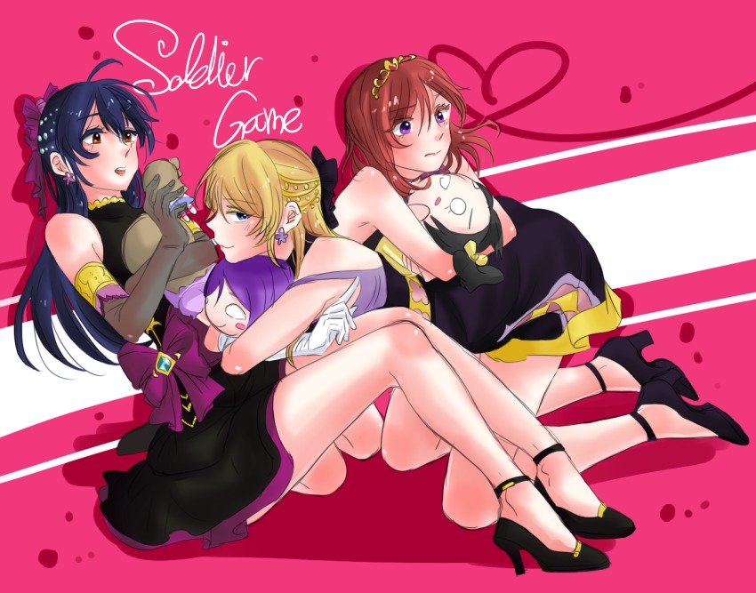 10s 3girls ayase_eli black_dress blonde_hair blue_eyes blue_hair bow doll dress e_len earrings elbow_gloves gloves hair_bow high_heels jewelry long_hair looking_at_viewer love_live! love_live!_school_idol_festival love_live!_school_idol_project minami_kotori multiple_girls nesoberi nishikino_maki pumps purple_eyes red_hair soldier_game sonoda_umi tiara tojo_nozomi yazawa_nico