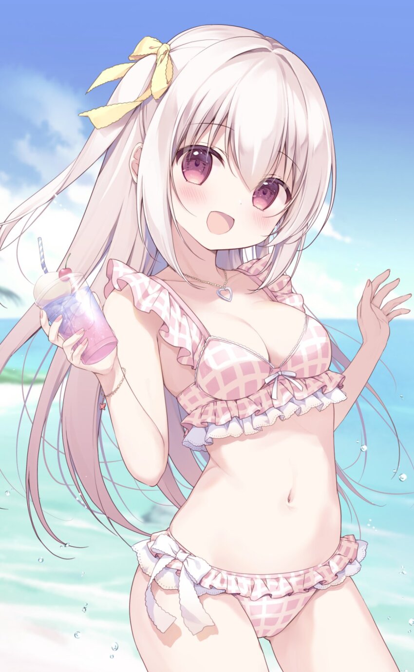 1girl :d bare_arms bare_shoulders bendy_straw bikini blue_sky breasts cleavage cloud collarbone commentary_request cup day drinking_glass drinking_straw frilled_bikini frills grey_hair hair_between_eyes hands_up heart heart_necklace highres holding holding_cup horizon inae_koron jewelry koi_ni_kanmi_o_soete long_hair looking_at_viewer medium_breasts miyasaka_naco navel necklace ocean one_side_up open_mouth outdoors pink_bikini plaid_bikini plaid_clothes red_eyes sky smile solo swimsuit very_long_hair water