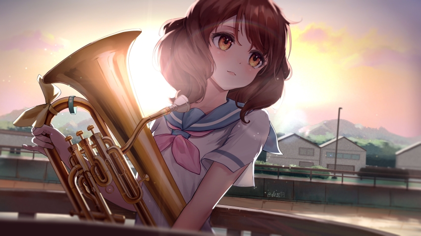 1girl :3 absurdres backlighting bare_arms bench blue_sailor_collar bow bridge brown_hair bush chinese_commentary closed_mouth cloud commentary_request commission dot_nose eyelashes hibike!_euphonium highres holding holding_instrument house instrument kitauji_high_school_uniform lamppost light_blush light_particles light_smile looking_ahead medium_hair mountainous_horizon necktie orange_sky oumae_kumiko outdoors pink_lips pink_necktie sailor_collar school_uniform serafuku shirt short_sleeves signature sklt_(swyt8223) sky solo sun sunset tuba upper_body white_bow white_shirt yellow_eyes