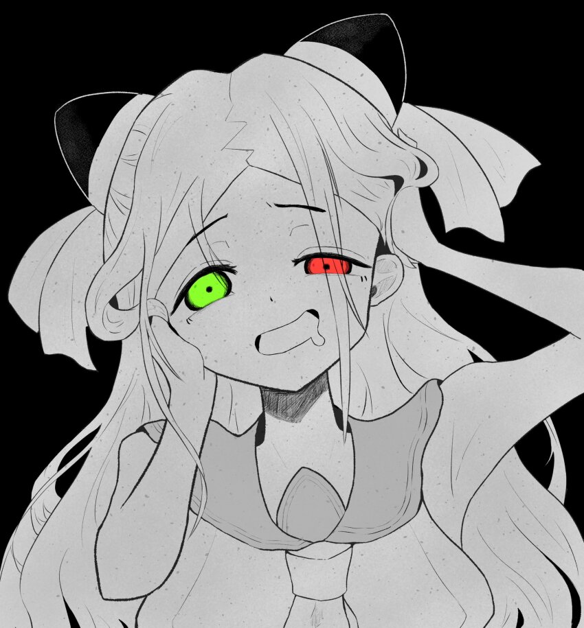 1girl arm_up assault_lily bare_arms black_background commentary drooling green_eyes greyscale hairpods hand_on_own_cheek hand_on_own_face hand_on_own_head hand_up heterochromia highres long_hair looking_at_viewer monochrome mouth_drool neckerchief odaiba_girls_high_school_uniform open_mouth parted_bangs red_eyes sailor_collar school_uniform serafuku shiba_tomoshibi shirt simple_background sleeveless sleeveless_shirt solo spot_color uneven_eyes upper_body washi-san