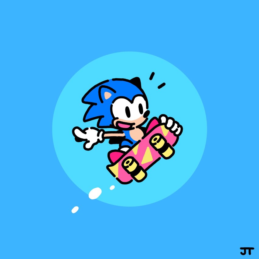 1boy artist_name blue_background commentary english_commentary gloves hedgehog_boy highres james_turner open_mouth signature skateboard skateboarding sonic_(series) sonic_the_hedgehog white_gloves