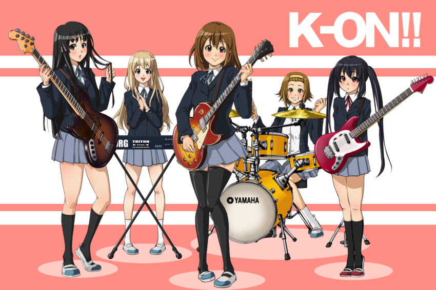 5girls akiyama_mio band black_eyes black_hair blazer blonde_hair blue_eyes brown_eyes brown_hair drum drum_set guitar hirasawa_yui ho-kago_tea_time instrument jacket k-on! kotobuki_tsumugi legs long_hair multiple_girls nakano_azusa renha school_uniform shoes short_hair skirt synthesizer tainaka_ritsu thighhighs tiptoes uwabaki