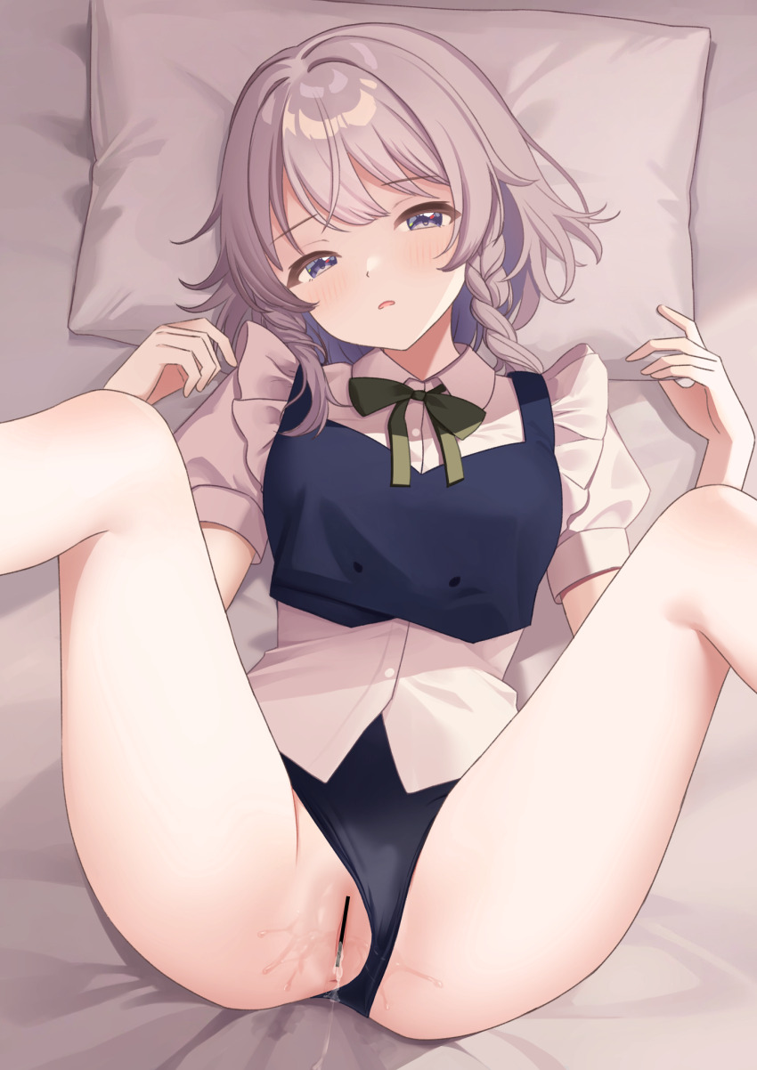 1girl adda after_vaginal aftersex bar_censor bed_sheet black_leotard blue_eyes blue_vest blush bow bowtie braid breasts censored clothing_aside collared_shirt commentary_request commission feet_out_of_frame green_bow green_bowtie grey_hair highres izayoi_sakuya leotard leotard_aside leotard_under_clothes looking_at_viewer lying m_legs medium_breasts on_back open_mouth pillow puffy_short_sleeves puffy_sleeves pussy pussy_juice shirt short_sleeves side_braids skeb_commission solo spread_legs thighs touhou variant_set vest white_shirt