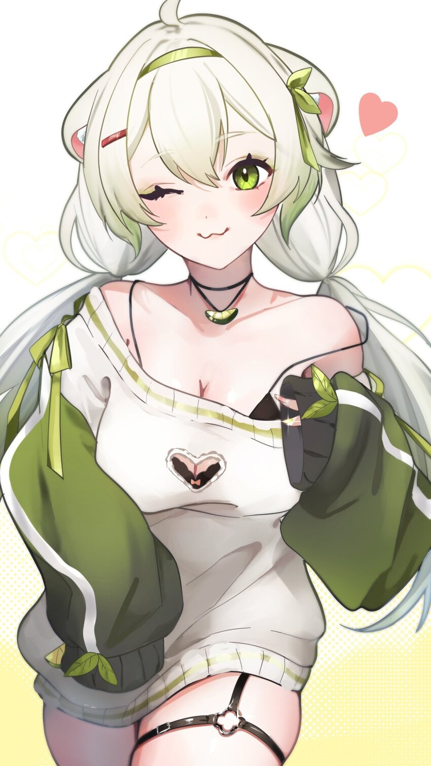 ;3 ahoge animal_ears bare_shoulders bra breasts chimanakoneko cleavage cleavage_cutout clothing_cutout eyeshadow ferret ferret_ears ferret_girl food fruit gradient_hair green_eyeshadow green_hair green_nails green_sweater head_tilt highres indie_virtual_youtuber laimu_(vtuber) laimu_(vtuber)_(cozy) leaf lime_(fruit) lime_necklace lime_slice long_hair looking_at_viewer makeup multicolored_clothes multicolored_hair multicolored_sweater no_pants one_eye_closed pink_nails ribbon skindentation sleeves_past_fingers sleeves_past_wrists smile sweater thick_thighs thigh_strap thighhighs thighs twintails two-tone_hair underwear vinesauce virtual_youtuber white_hair white_sweater zettai_ryouiki