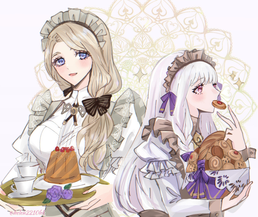 2girls apron basket bolo_tie bow braid breasts brown_apron brown_hair commentary_request cookie cup eating fire_emblem fire_emblem:_three_houses fire_emblem_heroes flower food grey_background hair_bow helen_(helen2210hk) highres holding holding_basket holding_tray juliet_sleeves long_hair long_sleeves looking_ahead lysithea_von_ordelia lysithea_von_ordelia_(tea_party) maid_headdress mercedes_von_martritz mercedes_von_martritz_(tea_party) mouth_hold multiple_girls nintendo official_alternate_costume official_alternate_hairstyle pink_eyes pink_nails plate puffy_sleeves purple_bow purple_eyes purple_flower saucer simple_background smile sparkle teacup tray twin_braids upper_body waist_apron white_hair