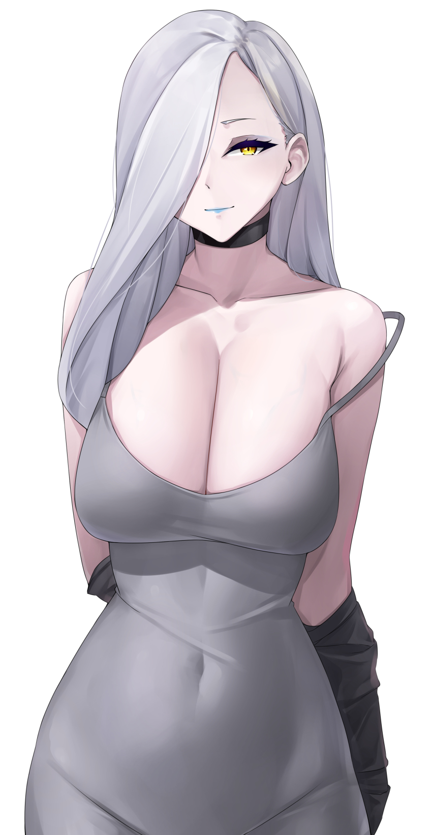 1girl absurdres bare_shoulders blue_lips breasts casperrin choker cleavage collarbone dress eyeliner fate/grand_order fate_(series) grey_dress grey_hair hair_over_one_eye highres large_breasts long_hair looking_at_viewer makeup meme_attire off_shoulder omi-san_(fate) solo wide_hips yellow_eyes