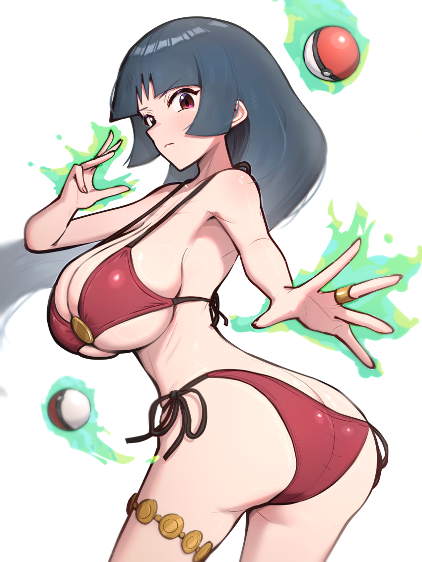 1girl absurdres alternate_costume ass bikini black_hair blunt_bangs breasts butt_crack creatures_(company) floating game_freak gonzarez highres large_breasts levitation long_hair looking_at_viewer nintendo poke_ball poke_ball_(basic) pokemon pokemon_frlg red_eyes sabrina_(pokemon) solo swimsuit telekinesis