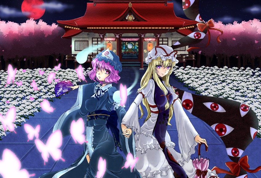 2girls akichiasu architecture armband bad_perspective blonde_hair blue_fire breasts bug butterfly cherry_blossoms cloud dress east_asian_architecture eyeball hand_fan fire flower folding_fan full_moon gap_(touhou) goshoguruma hair_between_breasts holding_hands hat hat_ribbon highres hitodama honeycomb_pattern bug interlocked_fingers japanese_clothes juliet_sleeves kikkoman kimono layered_dress long_hair long_sleeves looking_at_viewer medium_breasts mirror mob_cap moon multiple_girls night obi outdoors outstretched_arm parted_lips path pink_eyes pink_hair puffy_sleeves purple_eyes red_moon ribbon road saigyouji_yuyuko saigyouji_yuyuko&#039;s_fan_design sash shippou_(pattern) short_hair sky smile star_(sky) starry_sky tabard temple touhou tree triangular_headpiece yakumo_yukari