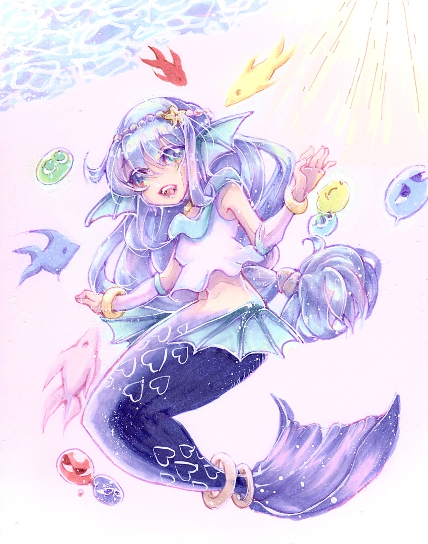 1girl absurdres bare_shoulders blue_eyes blue_hair fins fish full_body hair_between_eyes head_fins highres long_hair marker_(medium) mermaid midriff monster_girl navel open_mouth pink_background puyopuyo serilly_(puyopuyo) shirt simple_background sleeveless sleeveless_shirt solo teeth tpamjdsta_(usatokurasu) traditional_media upper_teeth_only very_long_hair white_shirt wristband