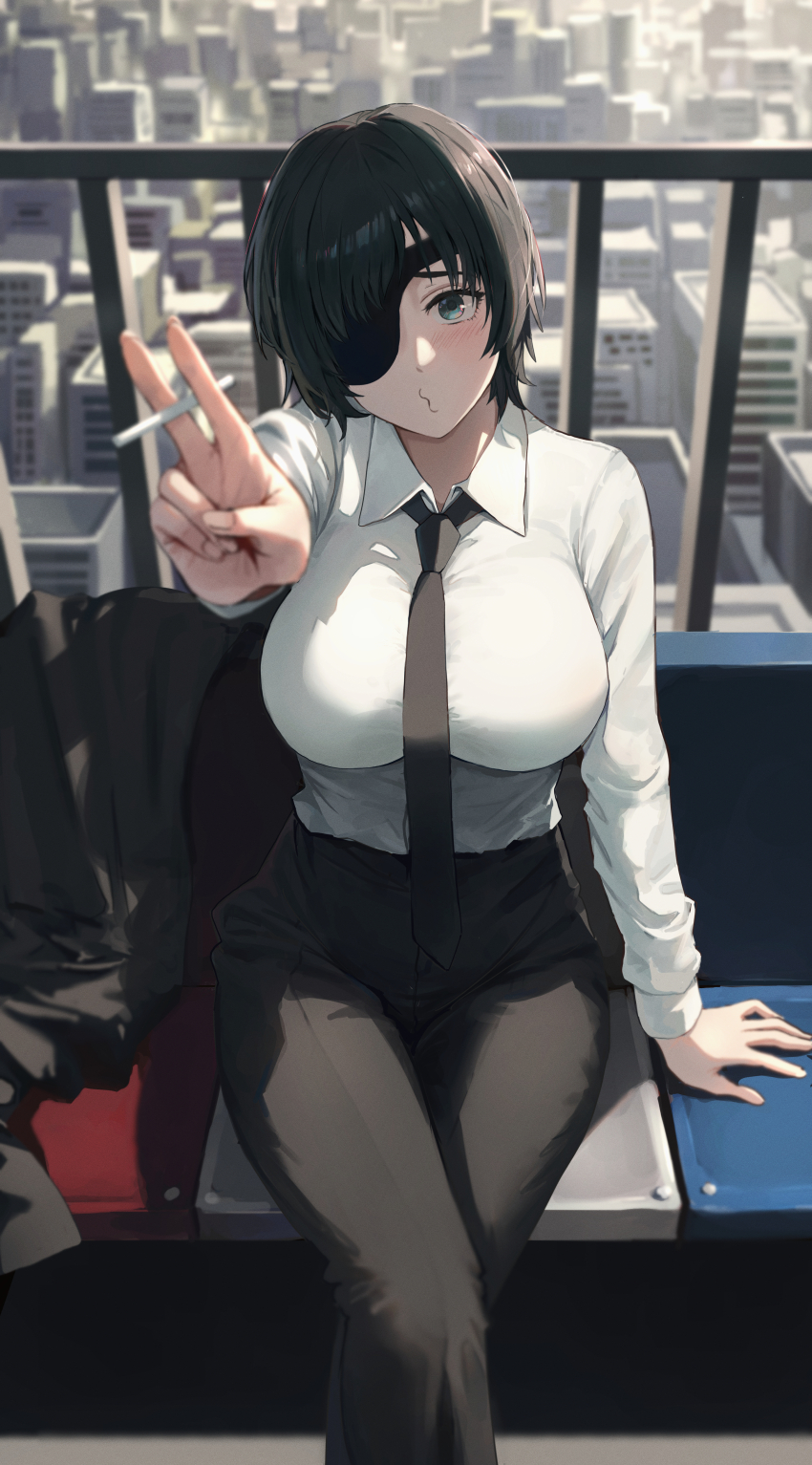 1girl absurdres black_hair black_jacket black_necktie black_pants blurry blush breasts chainsaw_man cigarette cityscape collared_shirt commentary_request crossed_legs depth_of_field dress_shirt eyepatch green_eyes highres himeno_(chainsaw_man) holding holding_cigarette jacket unworn_jacket large_breasts long_sleeves looking_at_viewer necktie one_eye_covered outstretched_arm pants pigone pov reaching reaching_towards_viewer shirt shirt_tucked_in short_hair sitting solo white_shirt