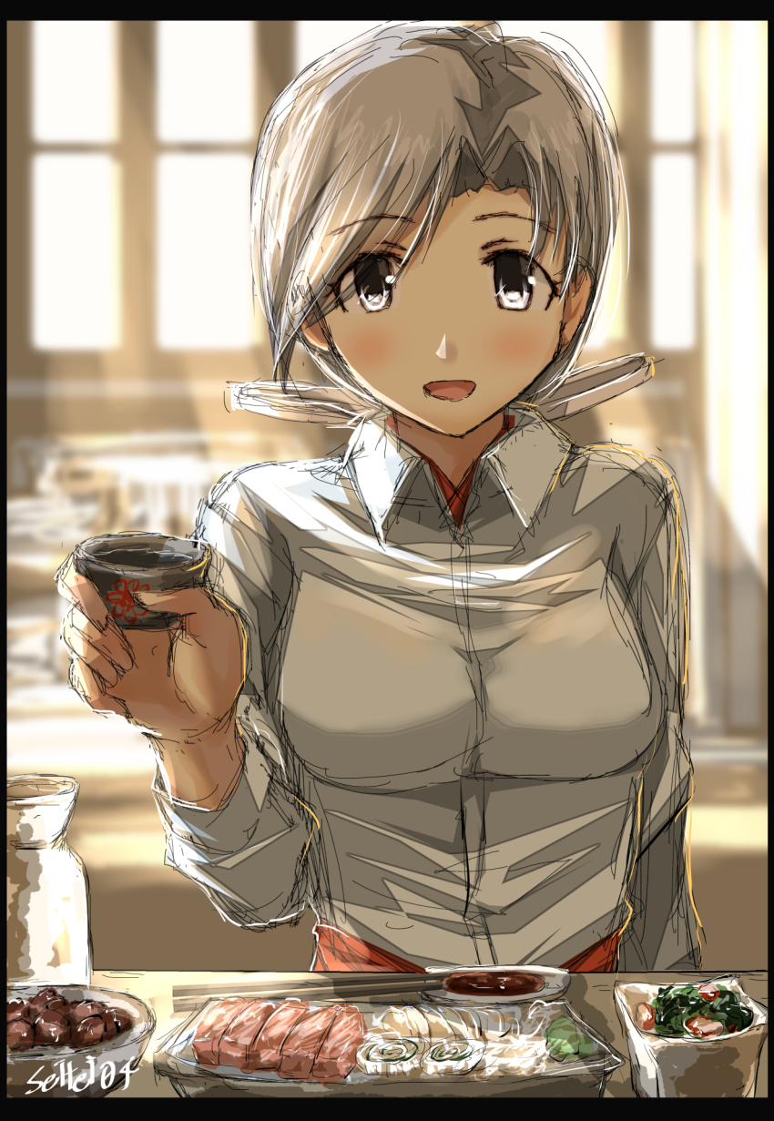 1girl alcohol blouse breasts chitose_(kancolle) cup fish_(food) food grey_hair hair_ribbon highres holding holding_cup kantai_collection large_breasts long_hair looking_at_viewer ribbon sake sashimi seitei_(04seitei) shirt signature smile tokkuri