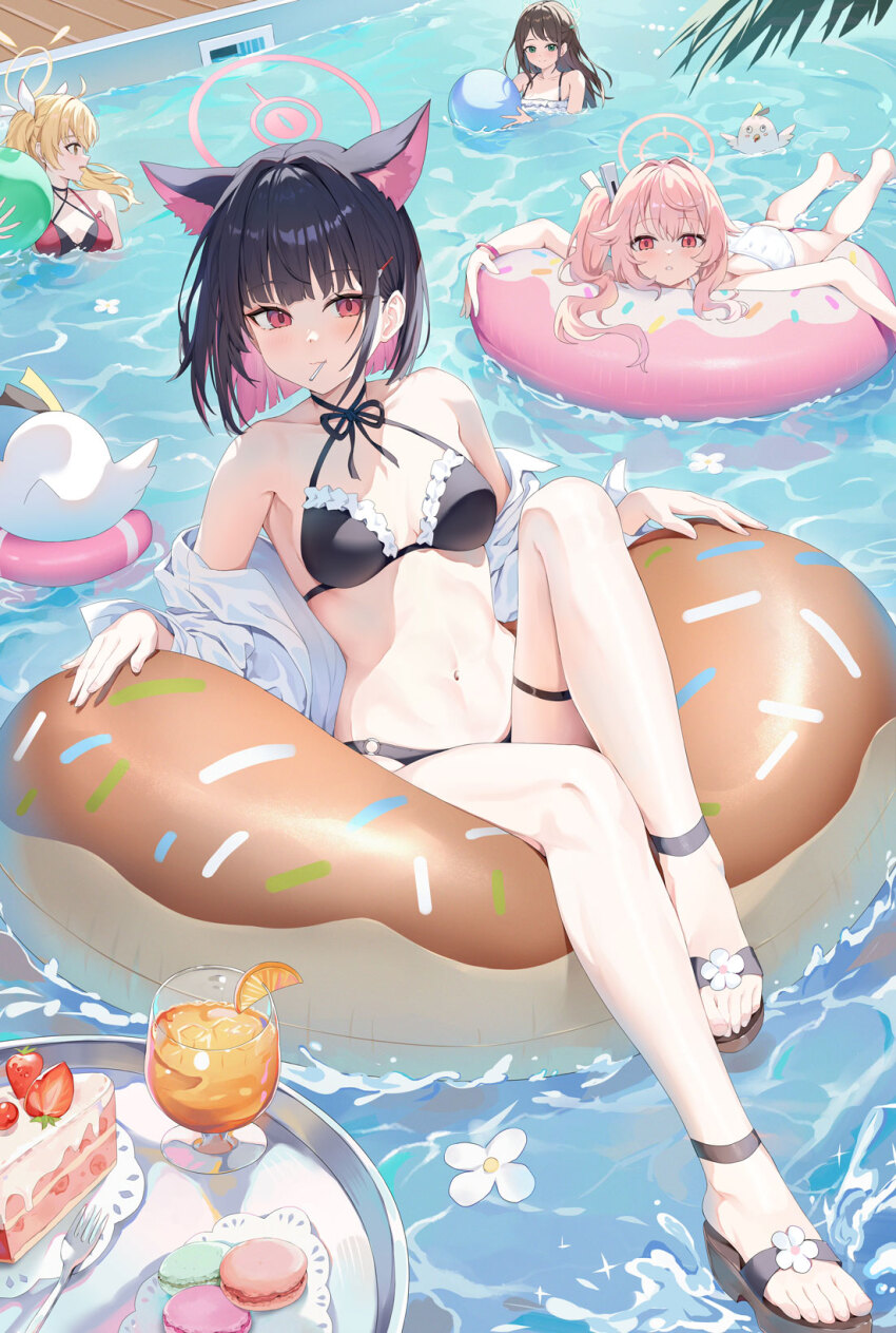 4girls :3 after-school_sweets_club_(blue_archive) airi_(blue_archive) alternate_costume animal_ears bare_legs bare_shoulders bikini black_bikini black_hair blonde_hair blue_archive breasts brown_hair cake cake_slice collarbone colored_inner_hair criss-cross_halter cup drinking_glass extra_ears food frilled_bikini frills front-tie_bikini_top front-tie_top hair_ornament hairclip halo halterneck highres hokori_sakuni innertube kazusa_(blue_archive) knee_up layered_bikini long_hair looking_at_viewer lying macaron medium_breasts mouth_hold multi-strapped_bikini_top multicolored_hair multiple_girls natsu_(blue_archive) navel o-ring o-ring_bikini off_shoulder on_stomach open_clothes open_shirt pink_hair pool red_bikini red_eyes sandals shirt short_hair side_ponytail sitting smile stomach string_bikini swim_ring swimming swimsuit thigh_strap thighs water white_bikini white_shirt yoshimi_(blue_archive)