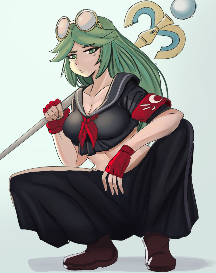 1girl alternate_costume black_serafuku black_skirt breasts brown_footwear cleavage delinquent eyewear_on_head ezzydraws fingerless_gloves full_body gloves green_eyes highres holding holding_staff kid_icarus kid_icarus_uprising looking_at_viewer nintendo palutena round_eyewear school_uniform serafuku skirt solo squatting staff sukeban