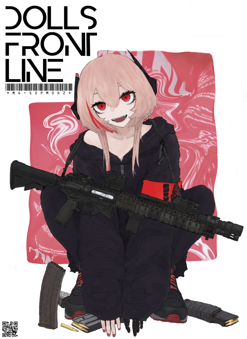 1girl assault_rifle black_jacket black_shoes blonde_hair bullet double-parted_bangs fingernails flashlight girls&#039;_frontline gun gun_sling hair_between_eyes headgear highres hood hood_down jacket laser_sight long_hair long_sleeves m4_sopmod_ii_(girls&#039;_frontline) magazine_(weapon) natri999 no_bra off_shoulder open_mouth qr_code red_dot_sight red_eyes red_nails rifle sharp_teeth shoes sidelocks single_off_shoulder sleeves_past_wrists smile sneakers solo squatting teeth vertical_foregrip weapon wolf_cut