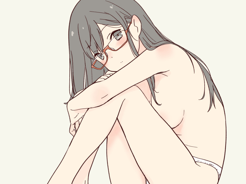 1girl daipunch expressionless from_side glasses grey_eyes grey_hair hugging_own_legs iinchou_(daipunch) long_hair looking_afar original panties red-framed_eyewear semi-rimless_eyewear simple_background sitting solo topless under-rim_eyewear underwear white_background white_panties