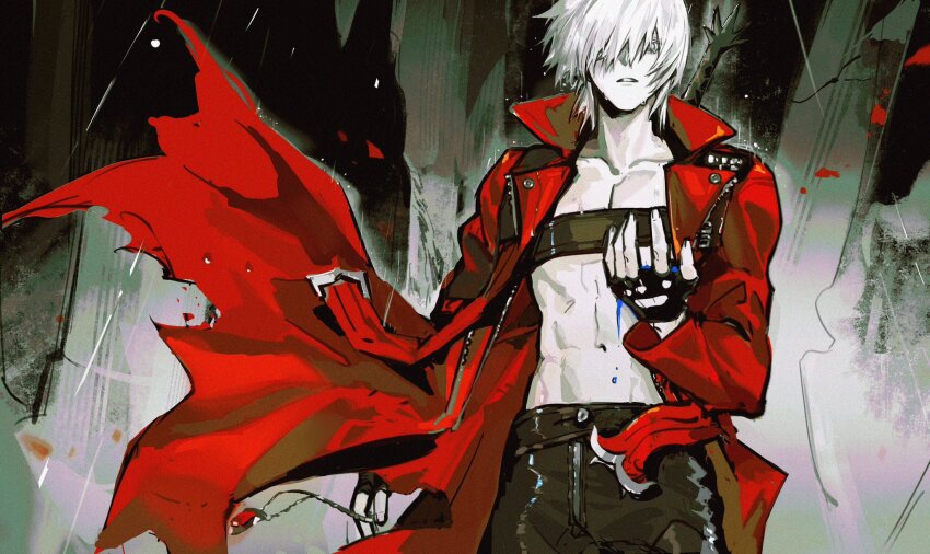 1boy coat dante_(devil_may_cry) devil_may_cry devil_may_cry_(series) devil_may_cry_3 fingerless_gloves gloves high_collar highres pale_skin rain rebellion_(sword) red_coat short_hair solo white_hair www_(1184187582)