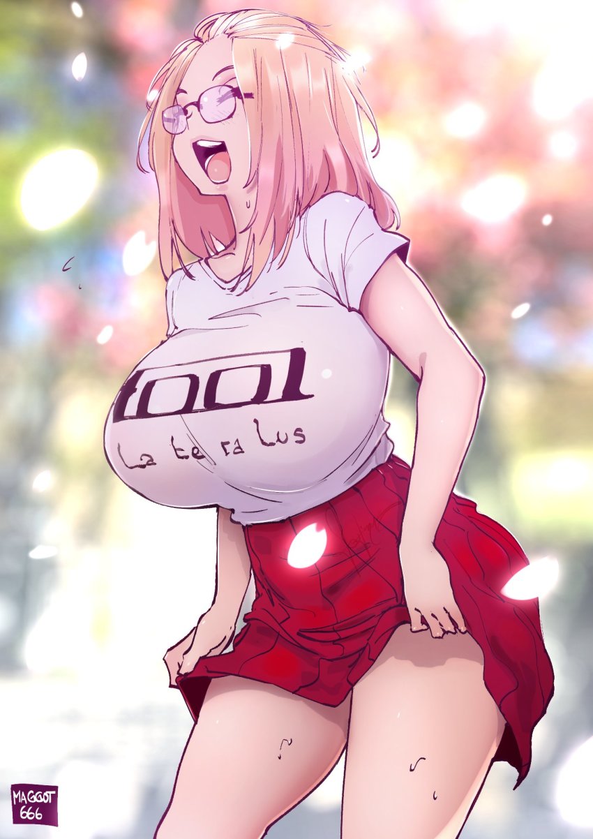 1girl artist_name band_shirt bangs_pinned_back blonde_hair blurry blurry_background borrowed_character breasts colorized commentary curvy english_commentary closed_eyes folded_hair glasses hair_pulled_back highres huge_breasts inne_sulistya_robin joe90val merchandise miniskirt norman_maggot open_mouth original pleated_skirt red_skirt shirt shirt_tucked_in short_sleeves skirt solo thighs third-party_edit tool_(band) white_shirt