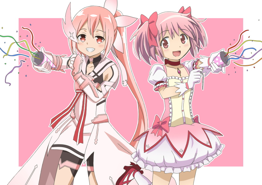 2girls bow bowtie crossover dress frilled_dress frills gloves hair_ornament highres kaname_madoka kaname_madoka_(magical_girl) long_hair magia_record:_mahou_shoujo_madoka_magica_gaiden magical_girl mahou_shoujo_madoka_magica mahou_shoujo_madoka_magica_(anime) multiple_girls open_mouth pink_bow pink_bowtie pink_hair red_eyes riokasen short_hair smile white_gloves yuuki_yuuna yuuki_yuuna_wa_yuusha_de_aru yuusha_de_aru