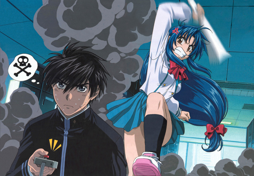 00s 1boy 1girl ahoge anger_vein angry attack blue_hair bow braid brown_eyes chidori_kaname full_metal_panic! hair_bow hand_fan harisen highres horiuchi_osamu long_hair low-tied_long_hair sagara_sousuke school_uniform skirt smoke sweat very_long_hair your_gonna_be_in_a_world_of_pain