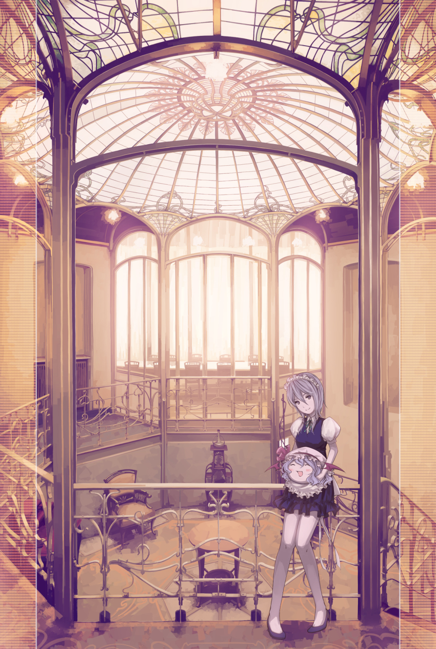 1girl art_nouveau ayasaka bad_id bad_pixiv_id blush chair female_focus grey_eyes grey_hair high_heels highres izayoi_sakuya looking_at_viewer maid maid_headdress remilia_scarlet ribbon scarlet_devil_mansion shoes skirt solo stained_glass table touhou window yukkuri_shiteitte_ne