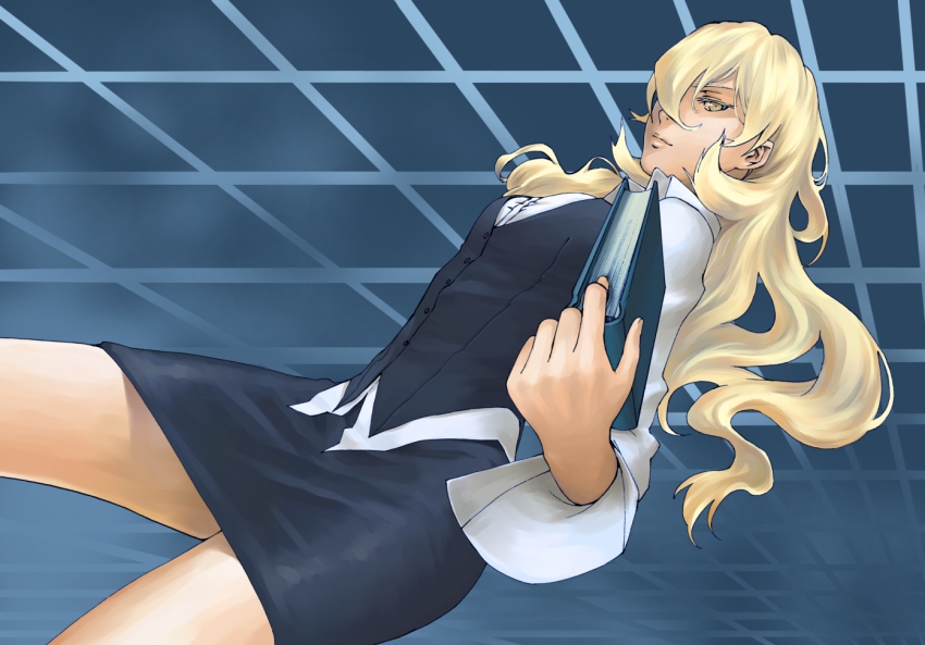 1girl alternate_costume blonde_hair book cowboy_shot dutch_angle grid hair_over_one_eye kenta_hiroshi long_hair looking_at_viewer margaret margaret_(persona) pencil_skirt persona persona_4 skirt solo thighs yellow_eyes