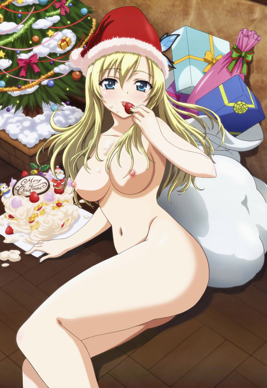 10s 1girl absurdres blonde_hair blue_eyes boku_wa_tomodachi_ga_sukunai breasts cake christmas christmas_tree food fruit gift hat highres kanbe_hiroyuki kashiwazaki_sena bridal_garter legs licking long_hair megami_magazine navel nipples nude nude_filter santa_hat scan strawberry thighs third-party_edit tongue