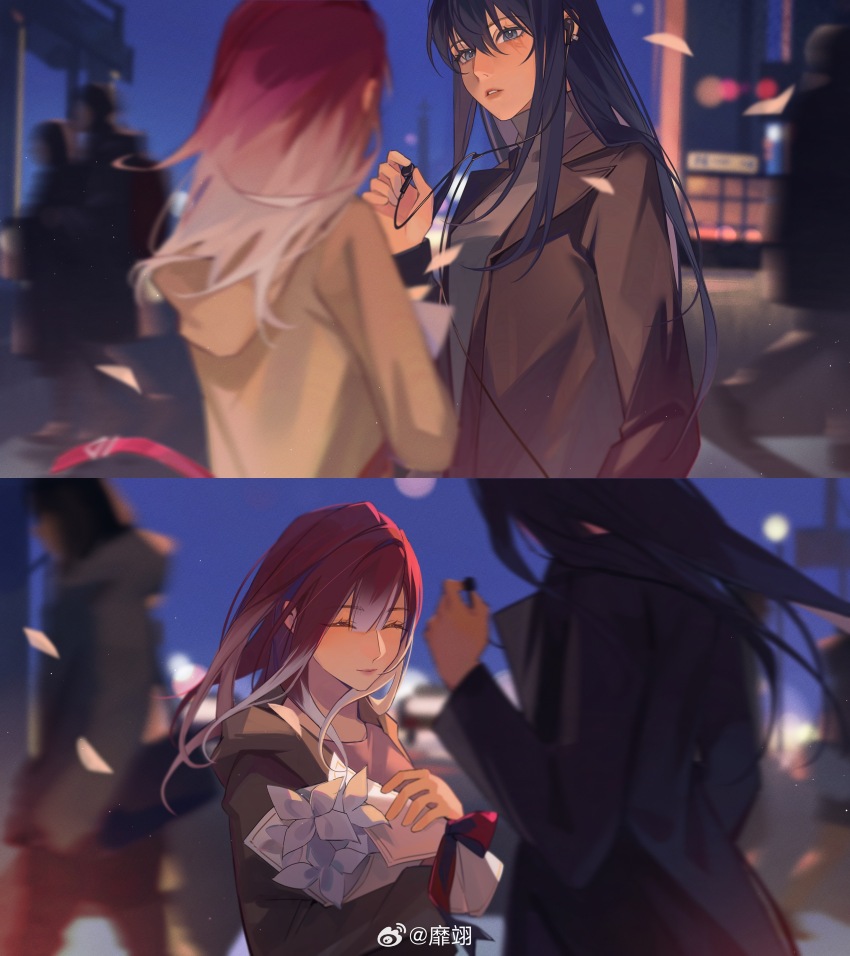 2girls absurdres black_background blue_eyes blue_hair blurry blurry_background blurry_foreground bouquet brown_coat closed_eyes coat collared_coat commentary_request ear_piercing earphones falling_petals flower highres holding holding_bouquet holding_earphones hood hooded_coat long_hair looking_at_another miix777 multiple_girls open_clothes open_coat parted_lips path_to_nowhere petals piercing pink_shirt rahu_(path_to_nowhere) red_hair scar scar_across_eye shalom_(path_to_nowhere) shirt smile split_screen sweater turtleneck turtleneck_sweater yuri