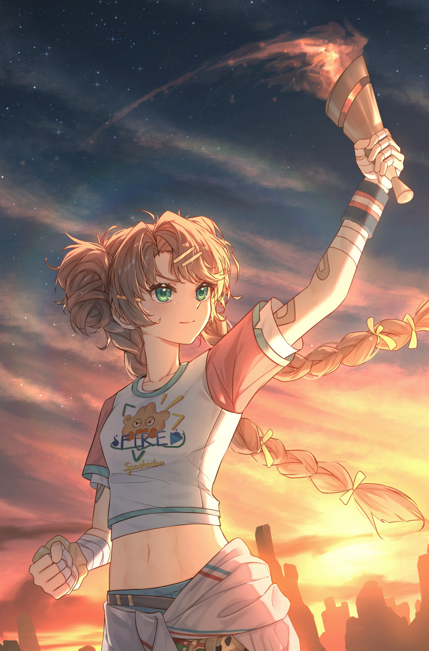 &gt;:) 1girl absurdres arm_up backlighting bandaged_arm bandaged_hand bandages blue_eyes blue_pants blue_sky braid brown_hair clothes_around_waist cloud double_bun fire gradient_sky hair_bun hair_ornament hairclip highres holding holding_torch long_hair looking_to_the_side low_twin_braids midriff navel orange_sky outdoors pants reverse:1999 rock scrunchie shirt short_sleeves sky smile solo spathodea_(reverse:1999) star_(sky) starry_sky sun t-shirt torch turning_head twilight twin_braids upper_body v-shaped_eyebrows white_shirt wrist_scrunchie xiamianhaiya yellow_scrunchie