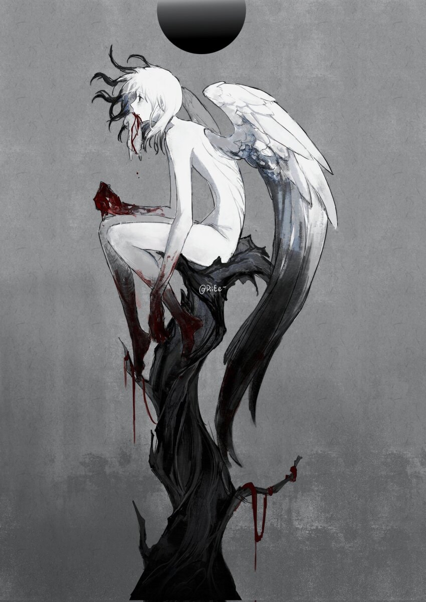 1other androgynous black_hair blood blood_on_face blood_on_feet blood_on_hands blue_hair blue_wings carriann000 colored_extremities colored_tips commentary completely_nude dead_animal english_commentary feathered_wings floating_hair from_side grey_wings highres hunched_over in_tree looking_ahead medium_hair monochrome mouth_hold multicolored_hair multicolored_wings nude original profile sitting solo spot_color streaked_hair tree twitter_username white_hair white_wings wings