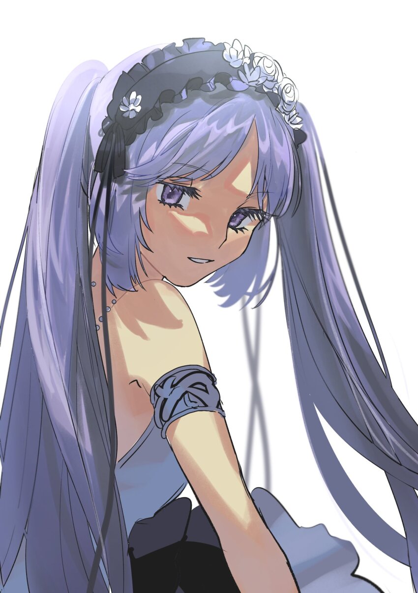 1girl armlet bare_shoulders black_hairband commentary_request dress euryale_(fate) fate/hollow_ataraxia fate_(series) flower flower_hairband frilled_hairband frills grin hairband highres jewelry looking_at_viewer looking_back purple_eyes purple_hair simple_background sleeveless sleeveless_dress smile solo twintails upper_body white_background white_flower zzz_071