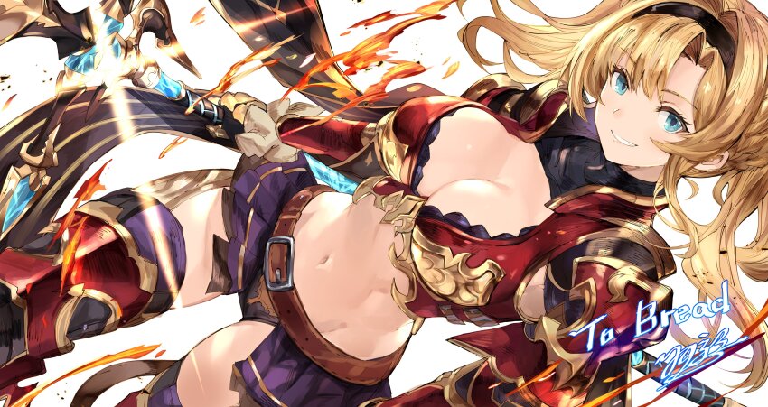 1girl absurdres armor belt belt_buckle black_hairband blonde_hair blue_eyes breasts brown_belt buckle cleavage commentary commission dutch_angle english_commentary gauntlets granblue_fantasy granblue_fantasy_versus hair_intakes hairband highres holding holding_polearm holding_weapon large_breasts leg_armor long_hair looking_at_viewer monogrbl navel parted_lips polearm red_armor second-party_source showgirl_skirt signature smile solo twintails weapon white_background zeta_(granblue_fantasy)