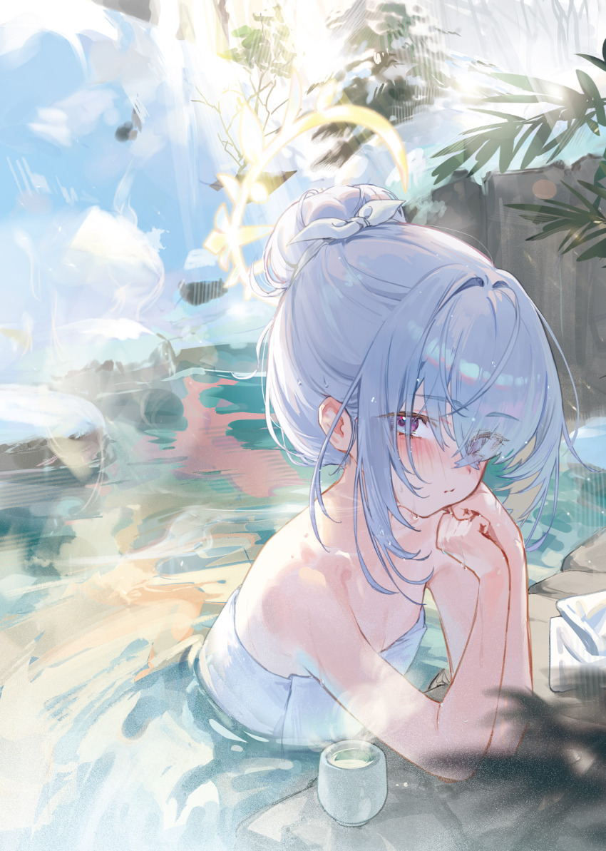 1girl absurdres alternate_hairstyle azusa_(blue_archive) bare_shoulders bath bathing blue_archive blush closed_mouth cup day grey_eyes grey_hair hair_bun halo highres kokko_(kokko3045) looking_at_viewer naked_towel onsen partially_submerged pine_tree rock single_hair_bun snow steam towel tree water