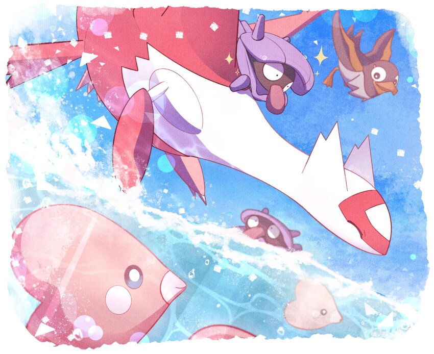 bird blurry blurry_background border closed_eyes creatures_(company) dragon game_freak gen_1_pokemon gen_3_pokemon group_picture highres latias legendary_pokemon luvdisc nintendo no_humans ocean pokemon pokemon_(creature) shell shellder soke_sa tongue tongue_out wattrel white_border