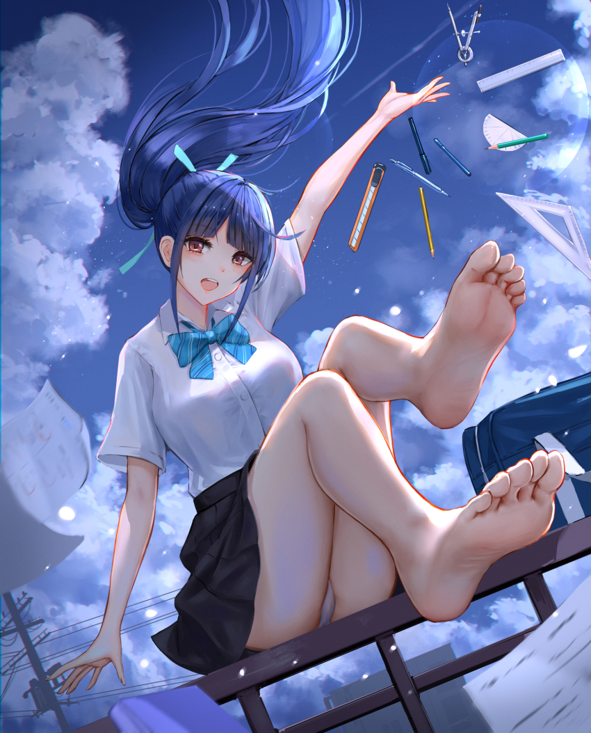 1girl arm_up ass bare_legs barefoot black_skirt blue_hair breasts dark_blue_hair feet hair_ribbon highres large_breasts long_hair looking_at_viewer megami_no_cafe_terrace necktie open_mouth panties pantyshot red_eyes ribbon school_uniform shirt skirt smile soles thighs tsuruga_ami underwear white_panties white_shirt yuzuriha_(atelier_liang)