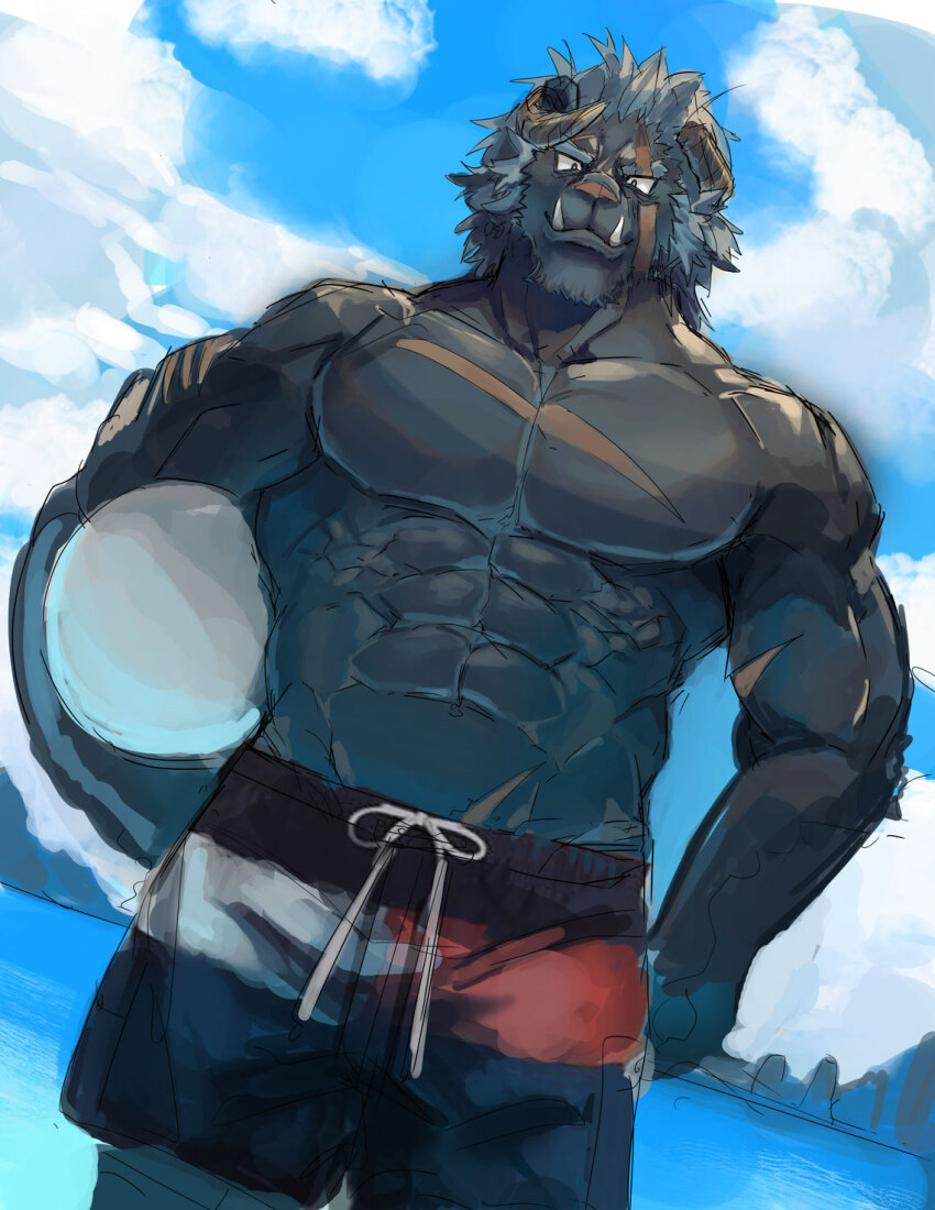 1boy abs bad_id bad_pixiv_id bara beach bulge cowboy_shot dutch_angle furry furry_male highres holding krampus_(housamo) large_pectorals male_focus male_swimwear muscular muscular_male navel neumo nipples no_nipples pectorals scar short_hair solo standing stomach strongman_waist swim_trunks thick_eyebrows tokyo_houkago_summoners topless_male unfinished