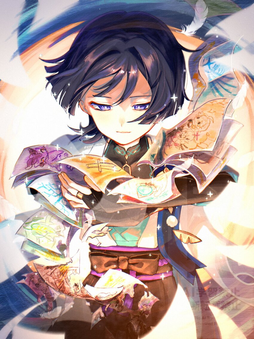 1boy black_hair closed_mouth cowboy_shot fingerless_gloves flower genshin_impact gloves gnsn_tera highres holding japanese_clothes looking_at_viewer male_focus paper purple_eyes scaramouche_(genshin_impact) short_hair simple_background solo sparkle standing wanderer_(genshin_impact) white_background