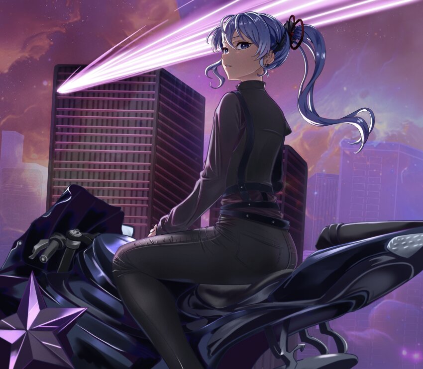 1girl absurdres alternate_costume belt blouse blue_eyes blue_hair botan0912 bow building comet commentary_request dark_background denim double-parted_bangs earrings feet_out_of_frame from_behind hair_bow high_collar highres hololive hoshimachi_suisei jeans jewelry long_hair long_sleeves looking_to_the_side motor_vehicle motorcycle multiple_belts night on_motorcycle outdoors pants ponytail shirt shirt_tucked_in shooting_star sitting skyscraper solo star_(symbol) suspenders tight_clothes tight_pants virtual_youtuber wing_hair_ornament