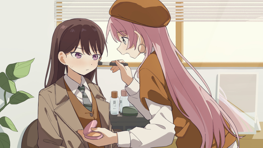 2girls applying_makeup bang_dream! bang_dream!_it&#039;s_mygo!!!!! beret blush bottle brown_hair brown_hat brown_jacket brown_vest chihaya_anon chinese_commentary coldcat. collared_shirt commentary_request diagonal-striped_clothes diagonal-striped_necktie earrings fang grey_necktie hat highres holding_makeup_brush indoors jacket jewelry long_hair long_sleeves mirror mole mole_under_eye multiple_girls necktie oil-paper_umbrella open_mouth pink_hair purple_eyes shiina_taki shirt striped_clothes sweatdrop umbrella vest white_shirt window_blinds