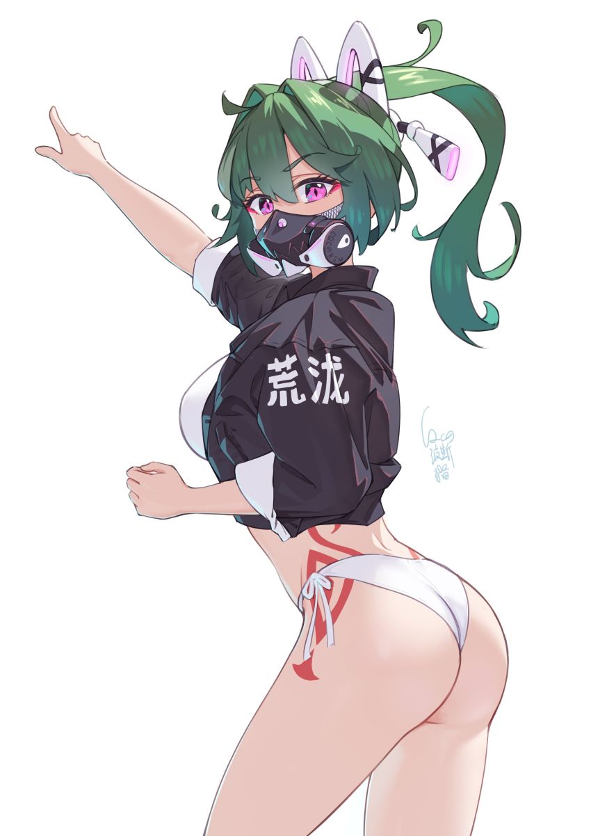 1girl absurdres alternate_costume animal_ears ass bikini black_jacket body_markings breasts cat_ears cqc_no_hashi_neko cropped_jacket fake_animal_ears genshin_impact green_hair headgear highres jacket kuki_shinobu looking_at_viewer looking_to_the_side mask mouth_mask no_pants pointing pointing_up ponytail purple_eyes side-tie_bikini_bottom signature simple_background sleeves_rolled_up solo swimsuit thighs white_background white_bikini